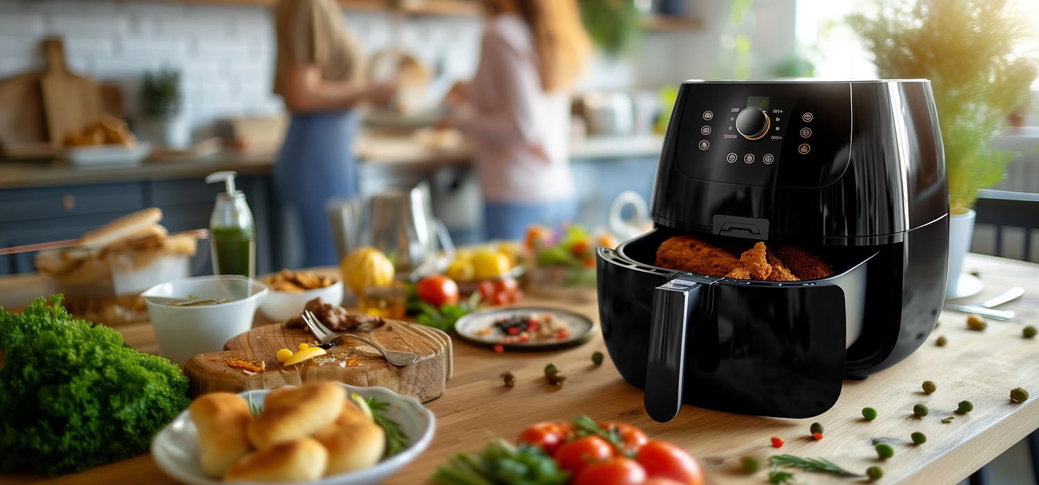 Heißluftfritteuse auf dem Essenstisch in der Küche mit verschiedenen Lebensmitteln.